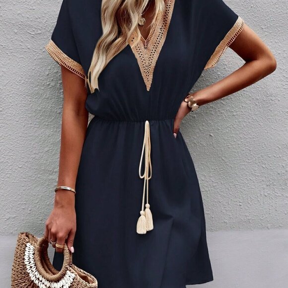 Navy Blue Casual Women's Stylish Summer V-Neck Fringed Belted Dress - Picture 6 of 7